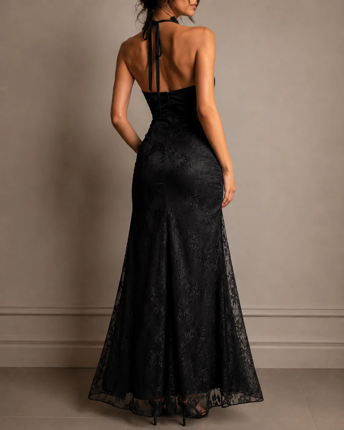 Vivienne Lace Halter Ruffle Maxi Dress