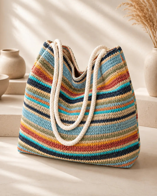 Multicolor Striped Woven Tote Bag