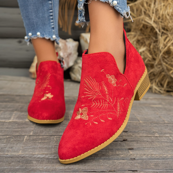 Dora | Embroidered Low-Heel Ankle Boots