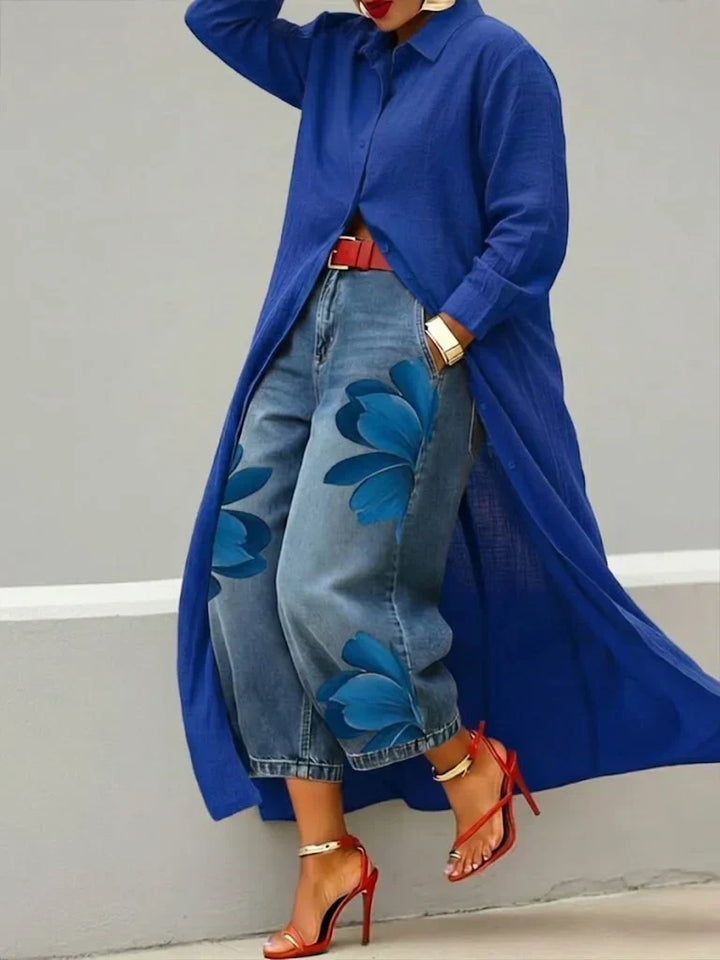 Esther |  Stylish Shirt Dress and Floral Jeans Set