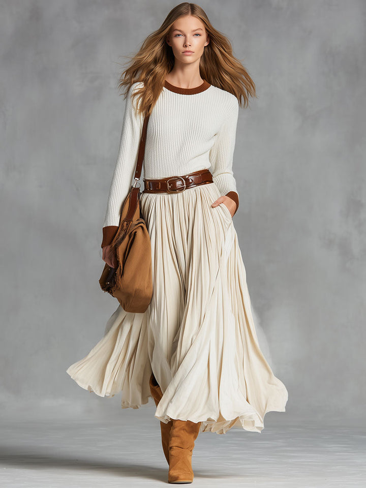 Fashionable And Simple Beige Velvet Lace-up Pocket Skirt