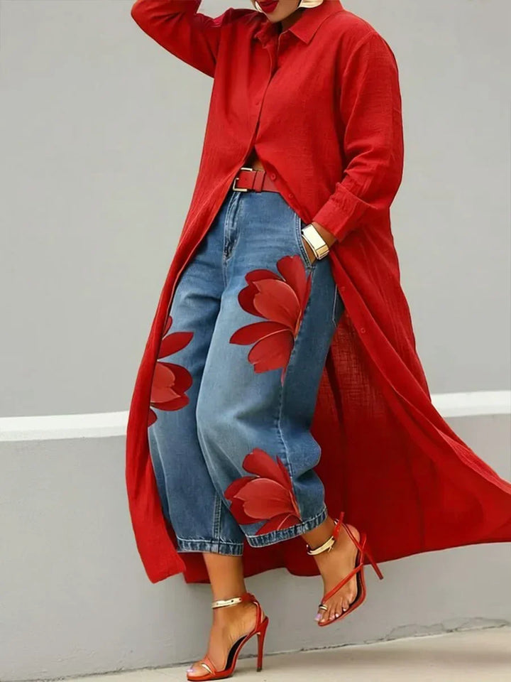 Esther |  Stylish Shirt Dress and Floral Jeans Set