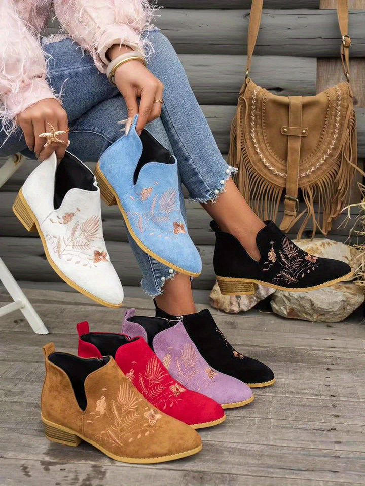 Dora | Embroidered Low-Heel Ankle Boots