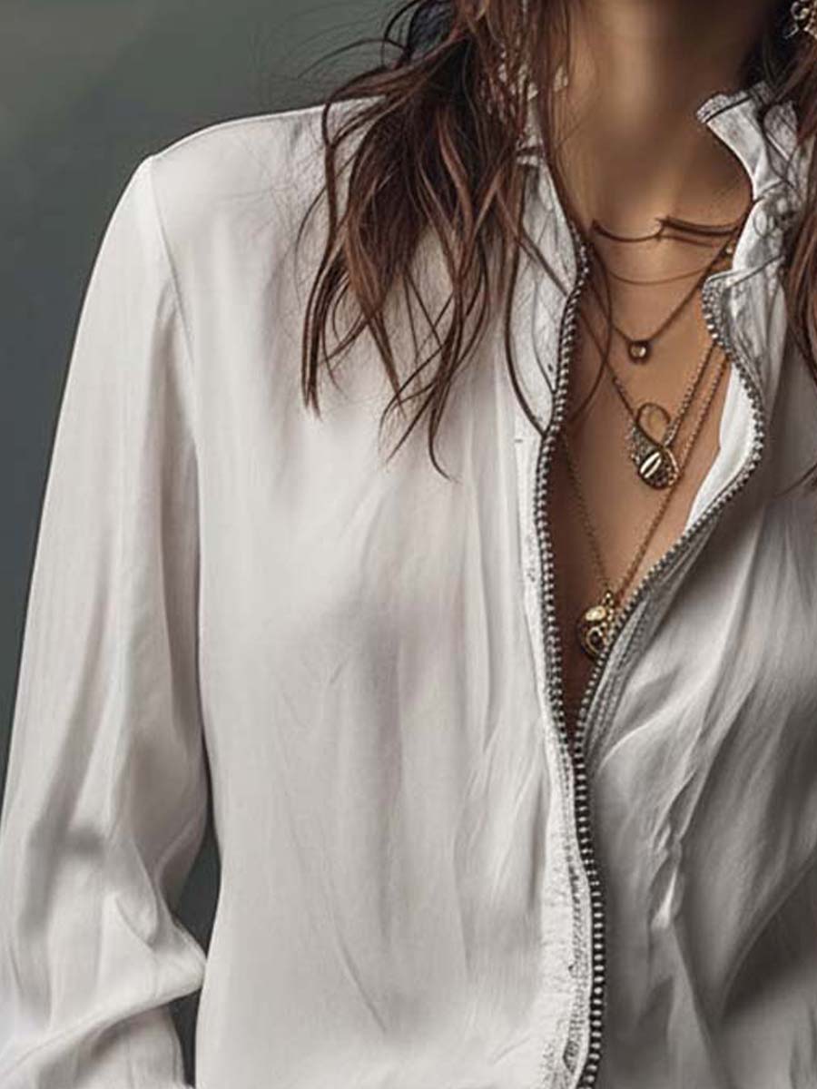 Adele | White Zip-Front Blouse With Flounce Cuffs