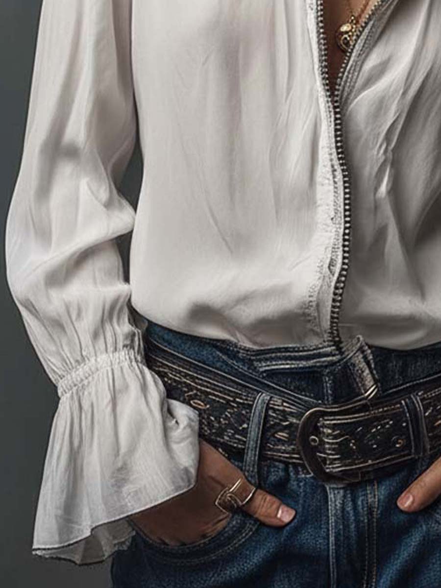Adele | White Zip-Front Blouse With Flounce Cuffs