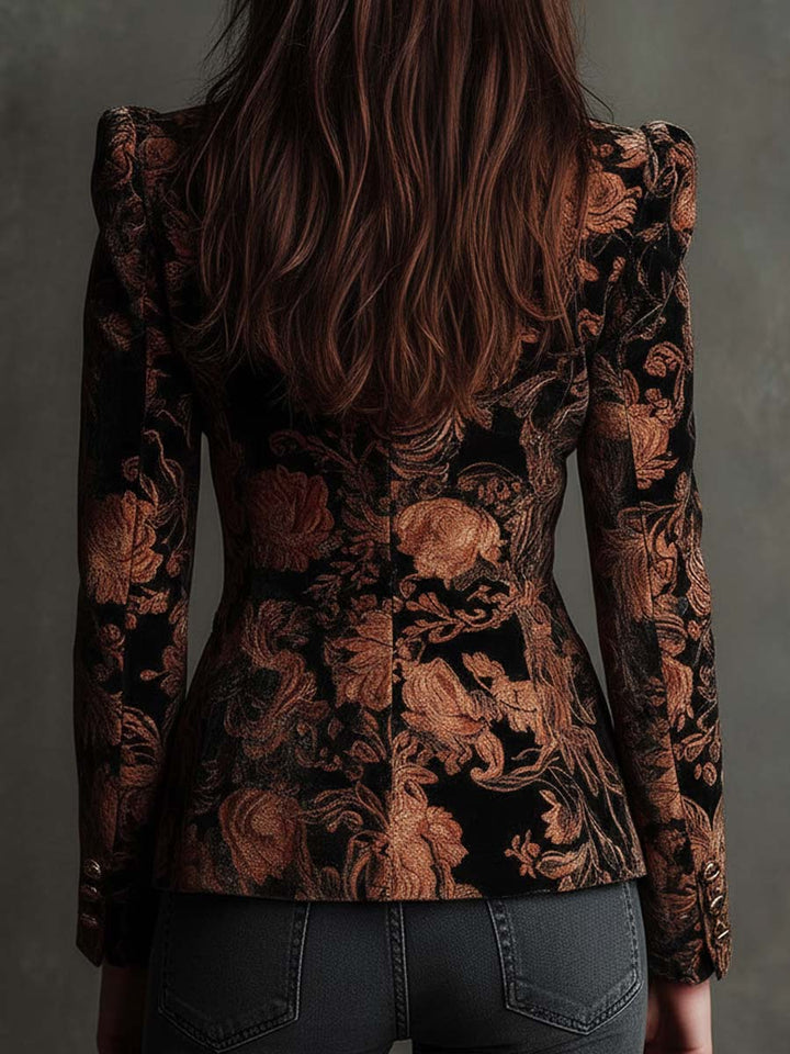 Winifred | Black And Bronze Floral Print Tailored Blazer