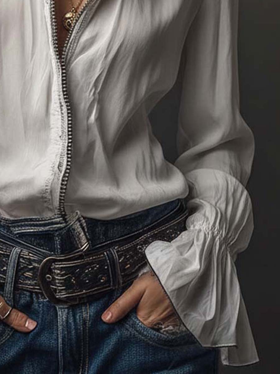Adele | White Zip-Front Blouse With Flounce Cuffs