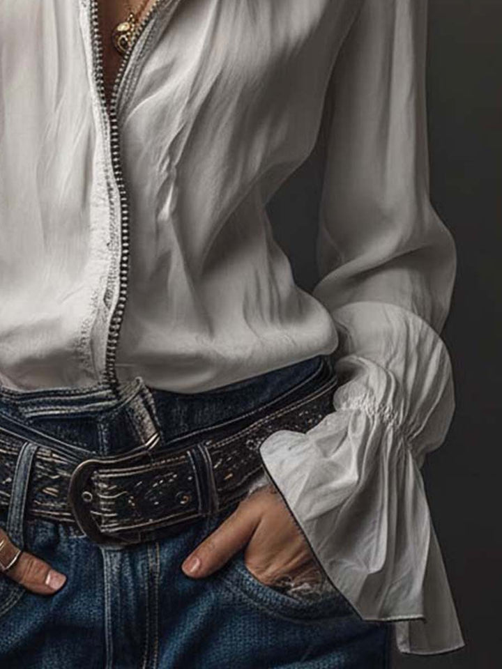 Adele | White Zip-Front Blouse With Flounce Cuffs