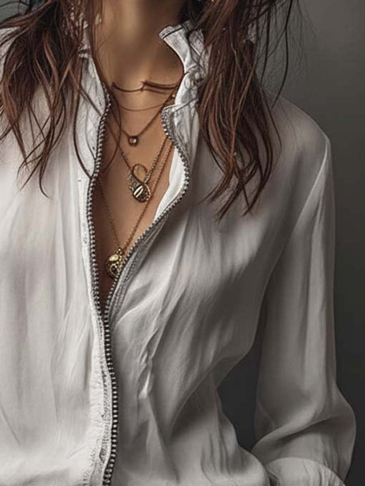 Adele | White Zip-Front Blouse With Flounce Cuffs