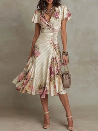 Poppy | Groovy Floral Print Short Sleeve Midi Dress