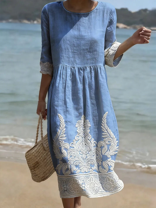 Women's Floral Motif Button Up Flared Sleeve A Line Dress