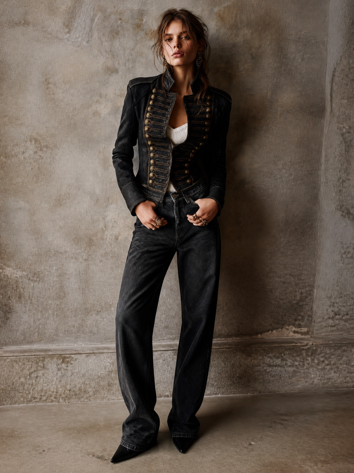 Kayleigh | Vintage Military Gold-Trim Faux Leather Jacket