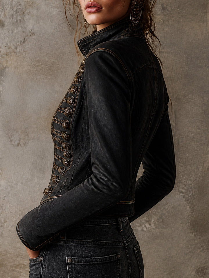 Kayleigh | Vintage Military Gold-Trim Faux Leather Jacket