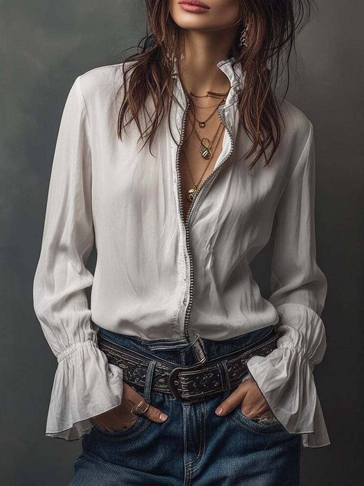 Adele | White Zip-Front Blouse With Flounce Cuffs
