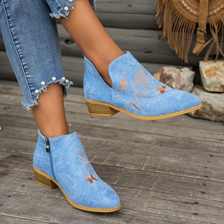 Dora | Embroidered Low-Heel Ankle Boots