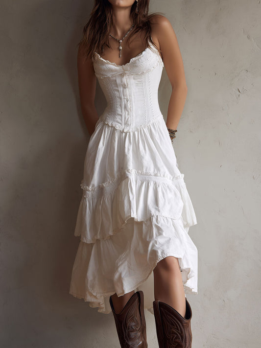 Boho Corset Tiered Midi Dress in White