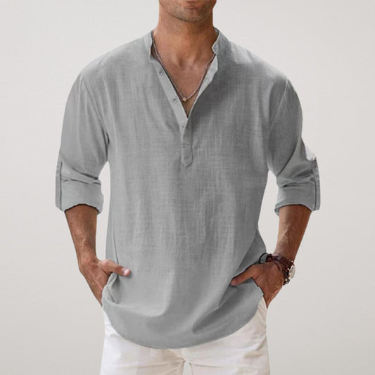 Cotton Henley Shirt with Linen Look