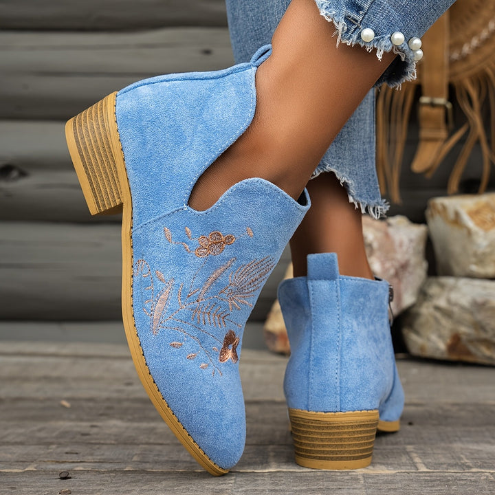 Dora | Embroidered Low-Heel Ankle Boots