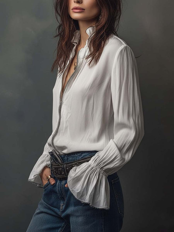 Adele | White Zip-Front Blouse With Flounce Cuffs