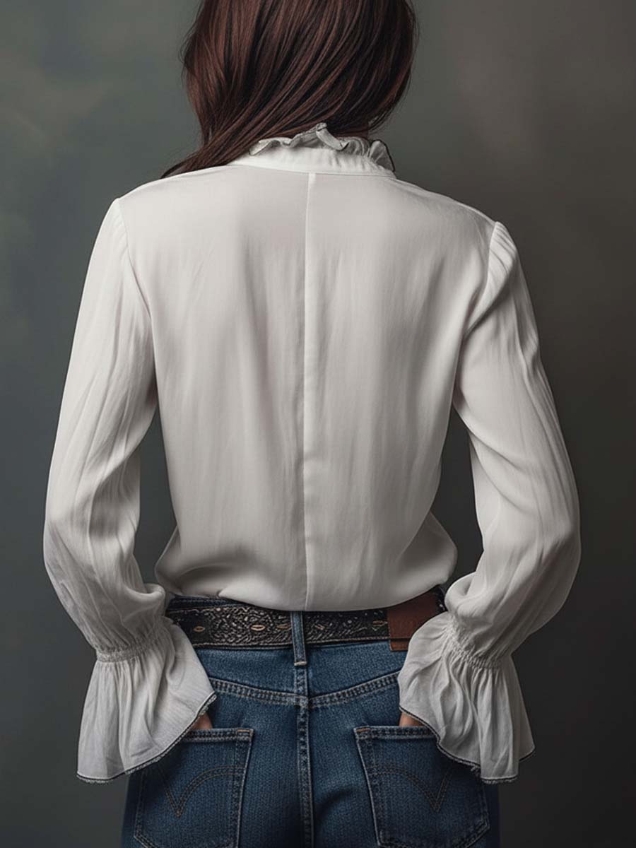 Adele | White Zip-Front Blouse With Flounce Cuffs