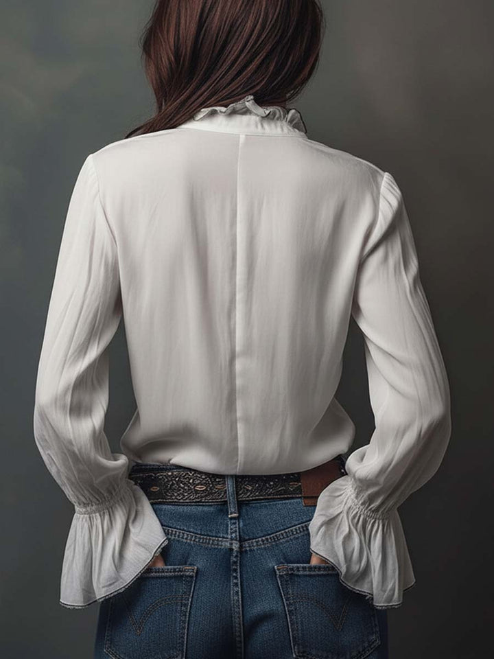 Adele | White Zip-Front Blouse With Flounce Cuffs
