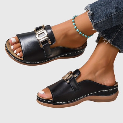 Women's Buckle Detail Open Toe Slide Sandals