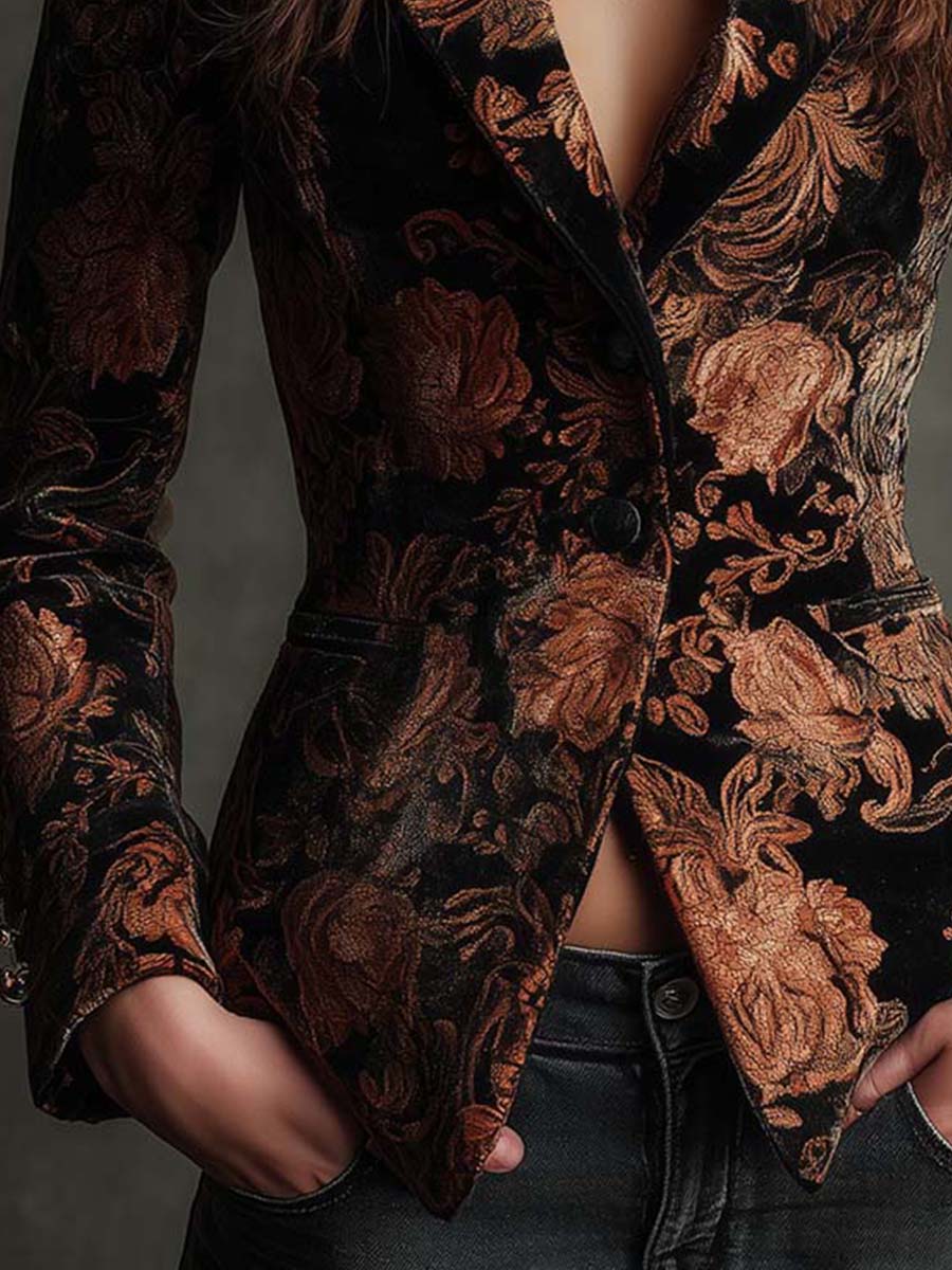Winifred | Black And Bronze Floral Print Tailored Blazer