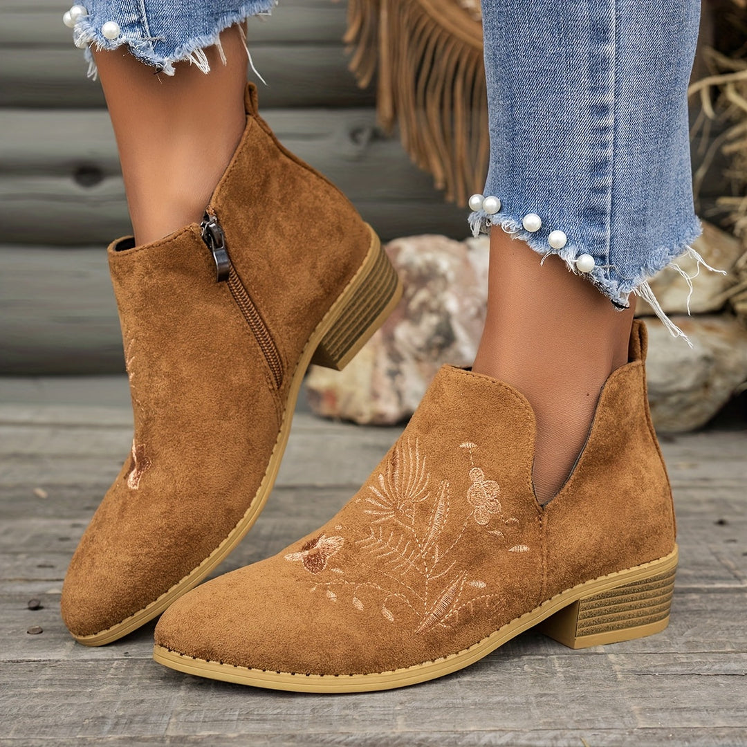 Dora | Embroidered Low-Heel Ankle Boots