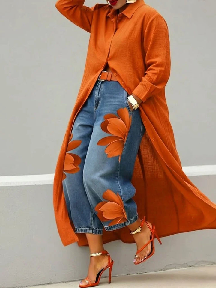Esther |  Stylish Shirt Dress and Floral Jeans Set
