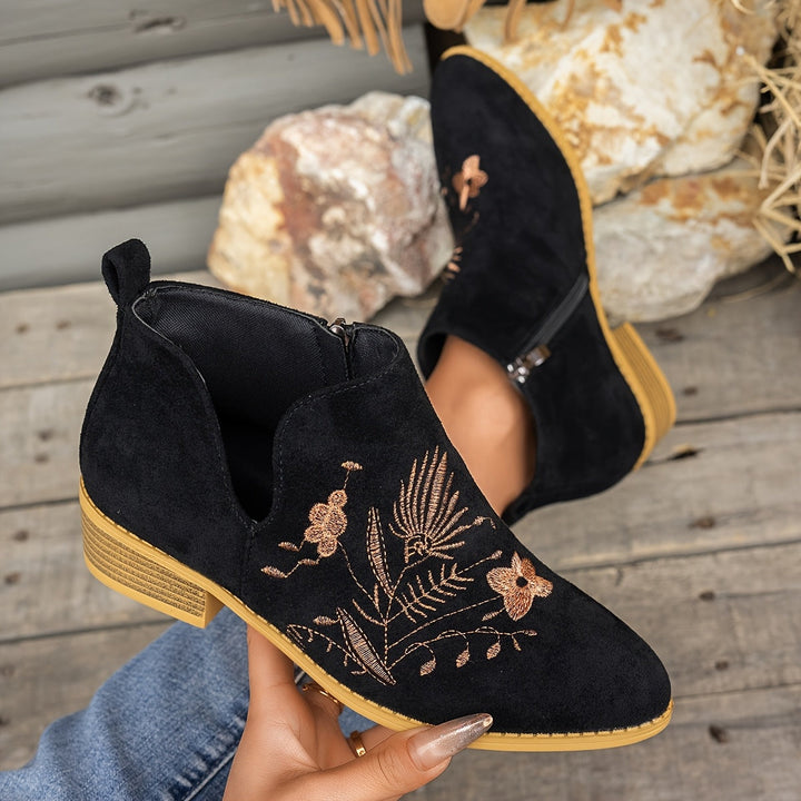 Dora | Embroidered Low-Heel Ankle Boots