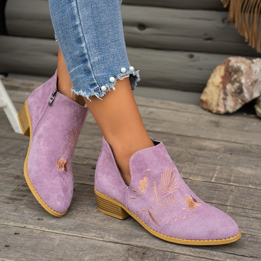 Dora | Embroidered Low-Heel Ankle Boots