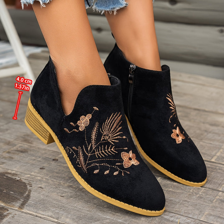 Dora | Embroidered Low-Heel Ankle Boots