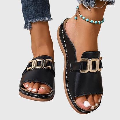 Women's Buckle Detail Open Toe Slide Sandals
