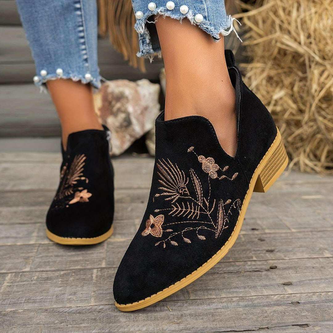 Dora | Embroidered Low-Heel Ankle Boots