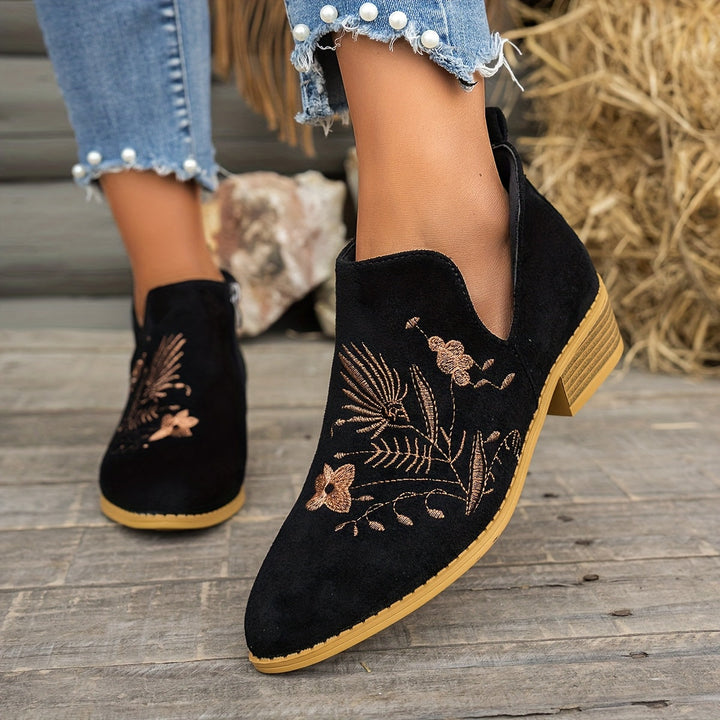 Dora | Embroidered Low-Heel Ankle Boots