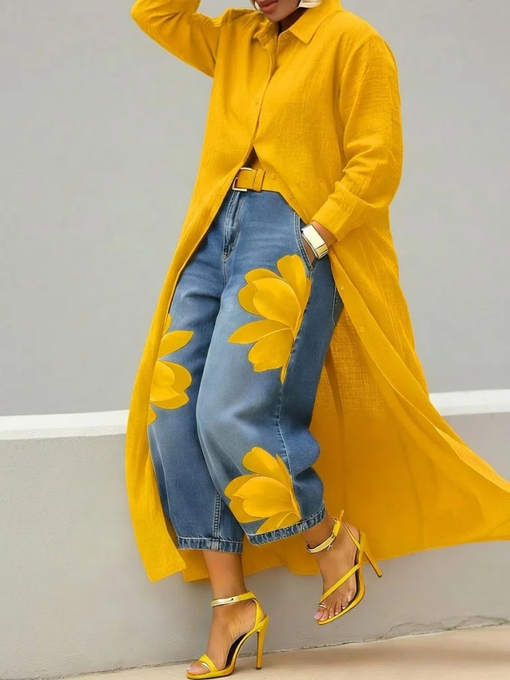 Esther |  Stylish Shirt Dress and Floral Jeans Set