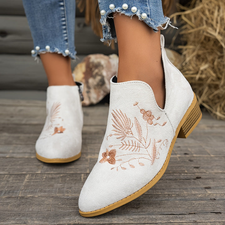Dora | Embroidered Low-Heel Ankle Boots