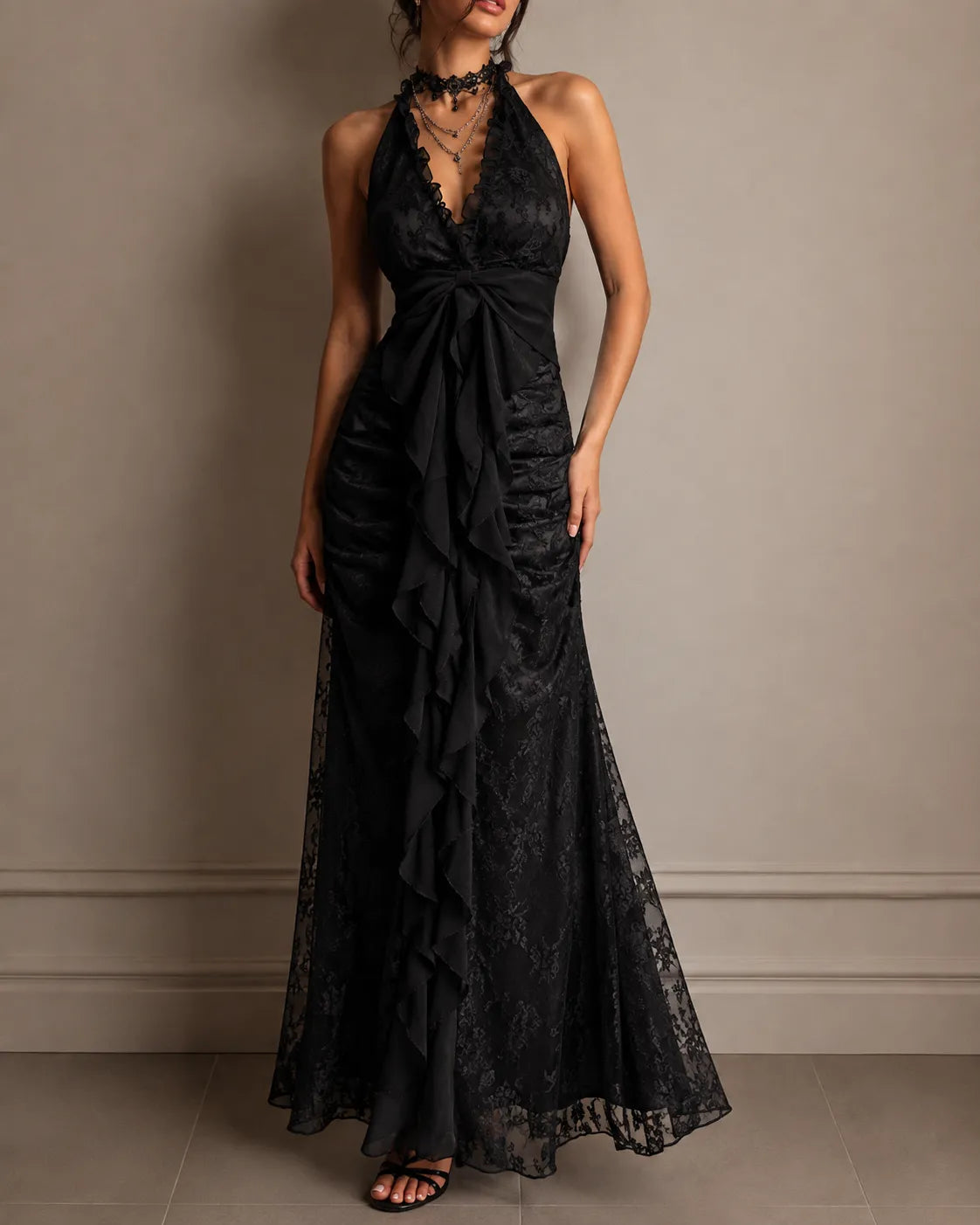 Vivienne Lace Halter Ruffle Maxi Dress