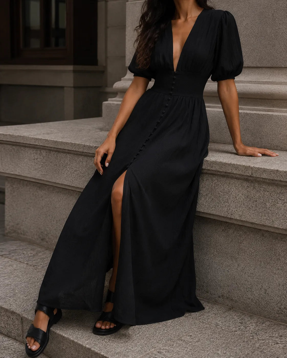 Evelyn Button-Front Maxi Dress