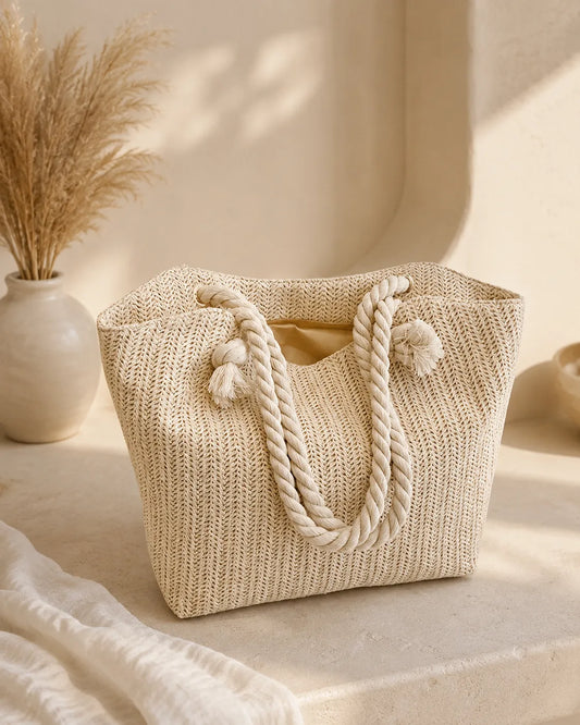 Woven Rope Handle Tote in Beige