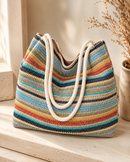 Multicolor Striped Woven Tote Bag