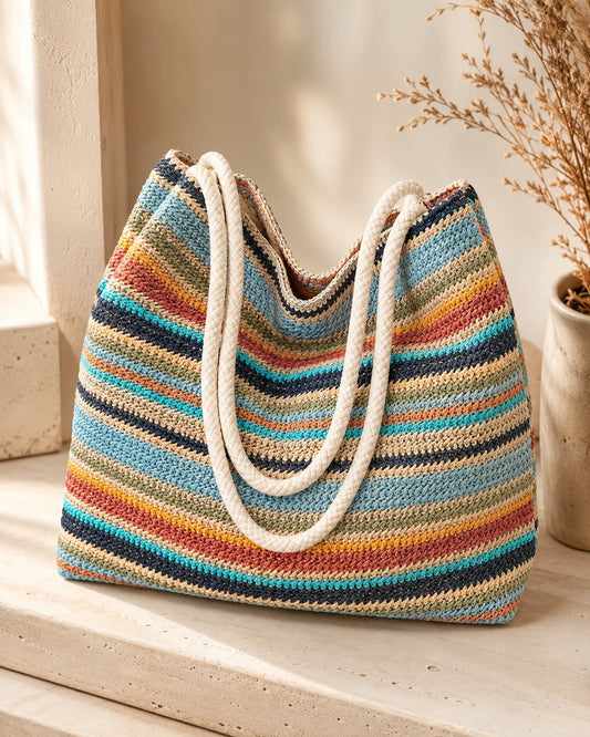 Multicolor Striped Woven Tote Bag