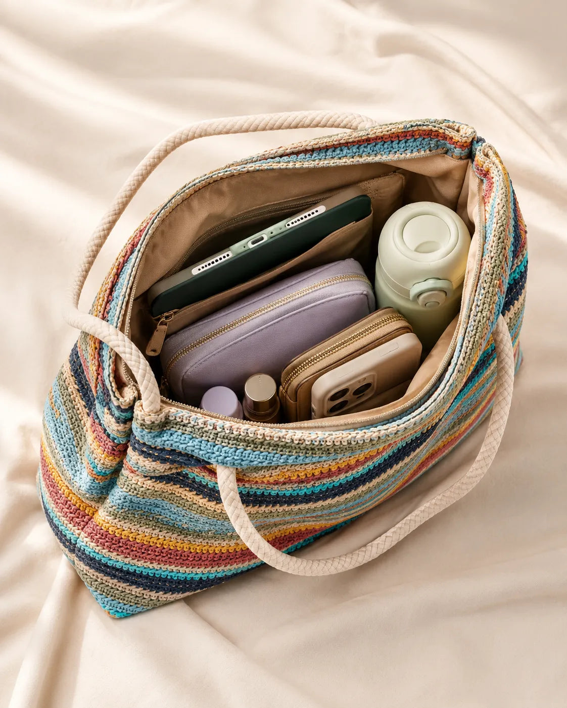 Multicolor Striped Woven Tote Bag