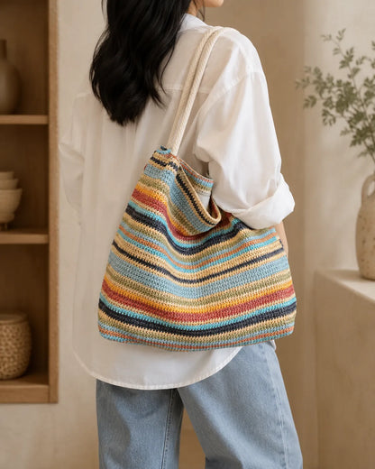 Multicolor Striped Woven Tote Bag