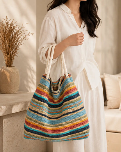Multicolor Striped Woven Tote Bag