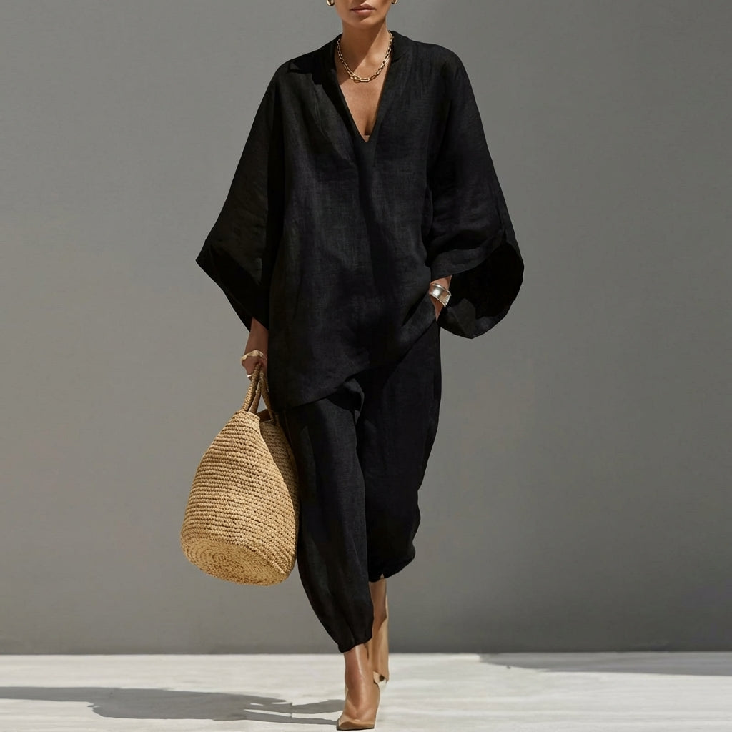 Mable | Relaxed V-Neck Top and Wide-Leg Pants Co-Ord Set