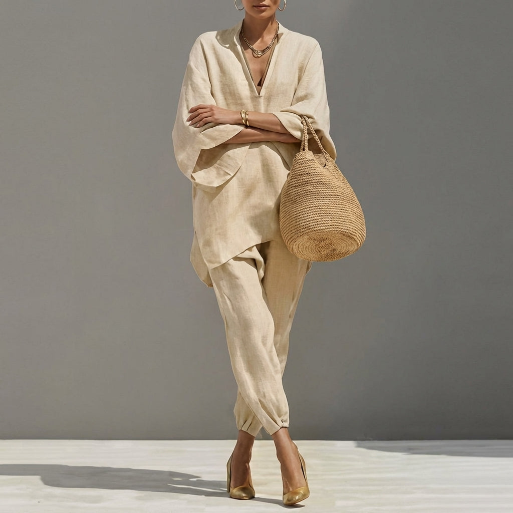 Mable | Relaxed V-Neck Top and Wide-Leg Pants Co-Ord Set