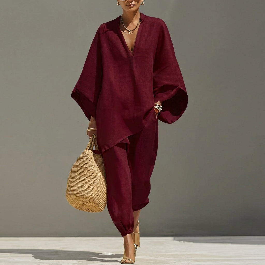 Mable | Relaxed V-Neck Top and Wide-Leg Pants Co-Ord Set