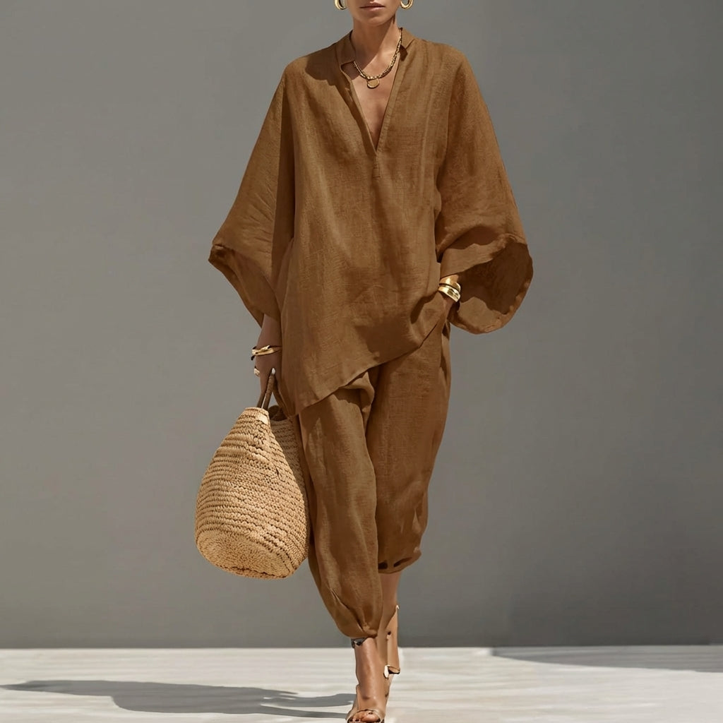 Mable | Relaxed V-Neck Top and Wide-Leg Pants Co-Ord Set