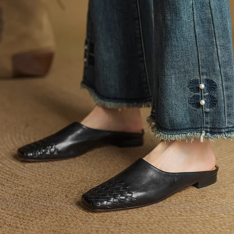 Women's Woven Square Toe Low Heel Mules